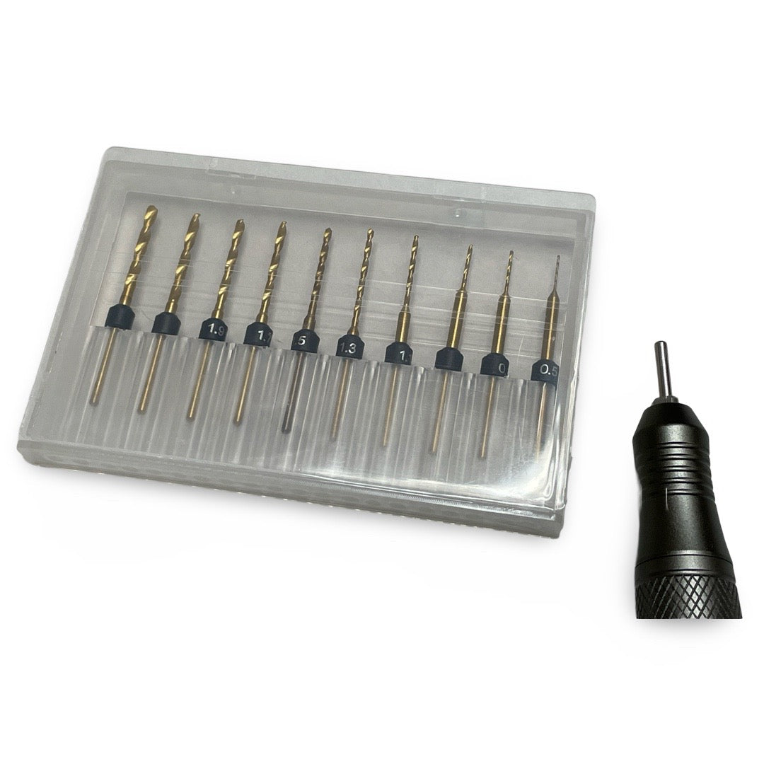 10 piece Gold Titanium-coated Metric drill bit set Indexed .5mm-2.2mm w 3/32" Shank - each bit individually marked
