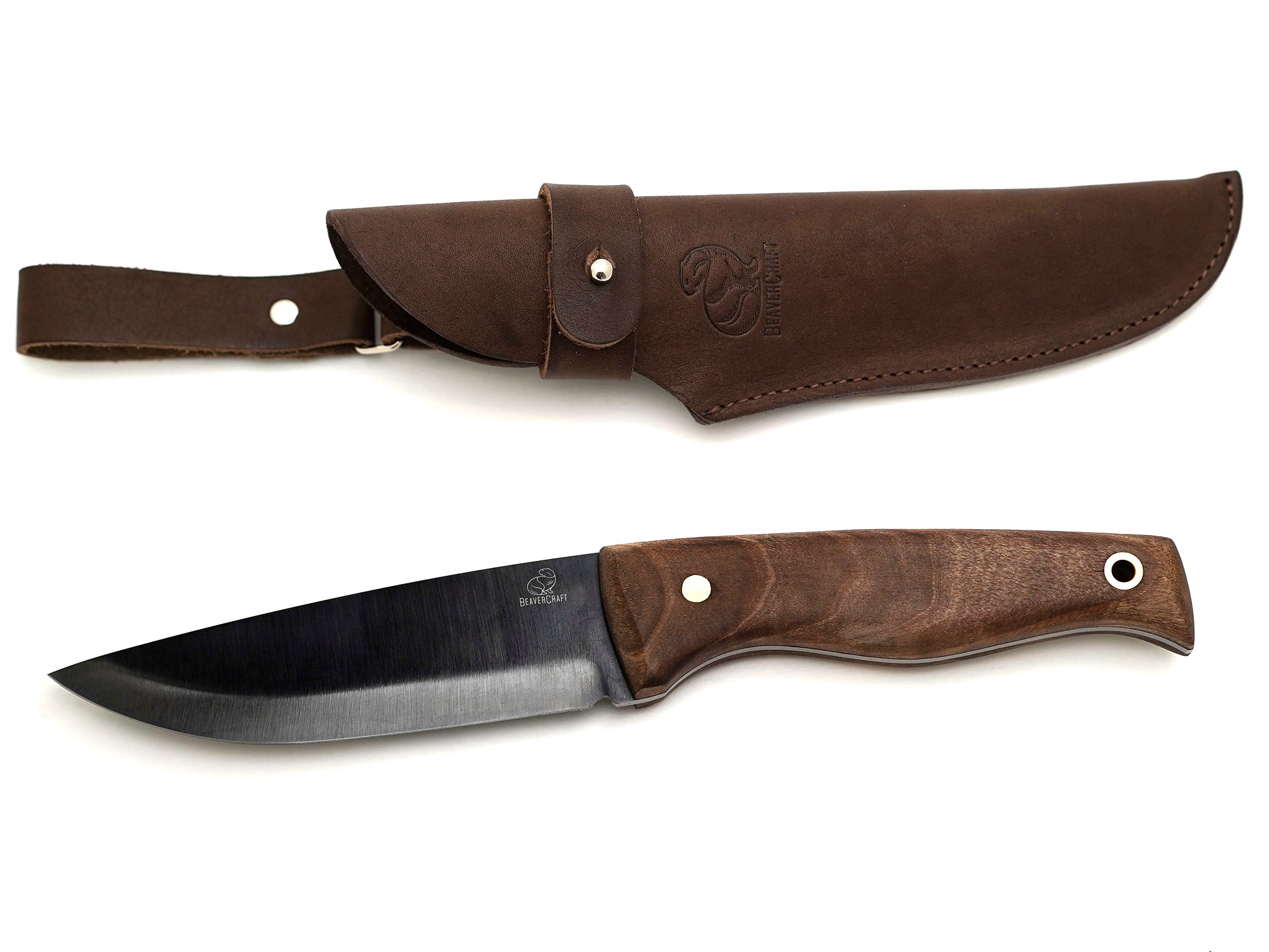 Carbon Steel Blued-Blade Bushcraft Knife Walnut Handle with Leather Sheath