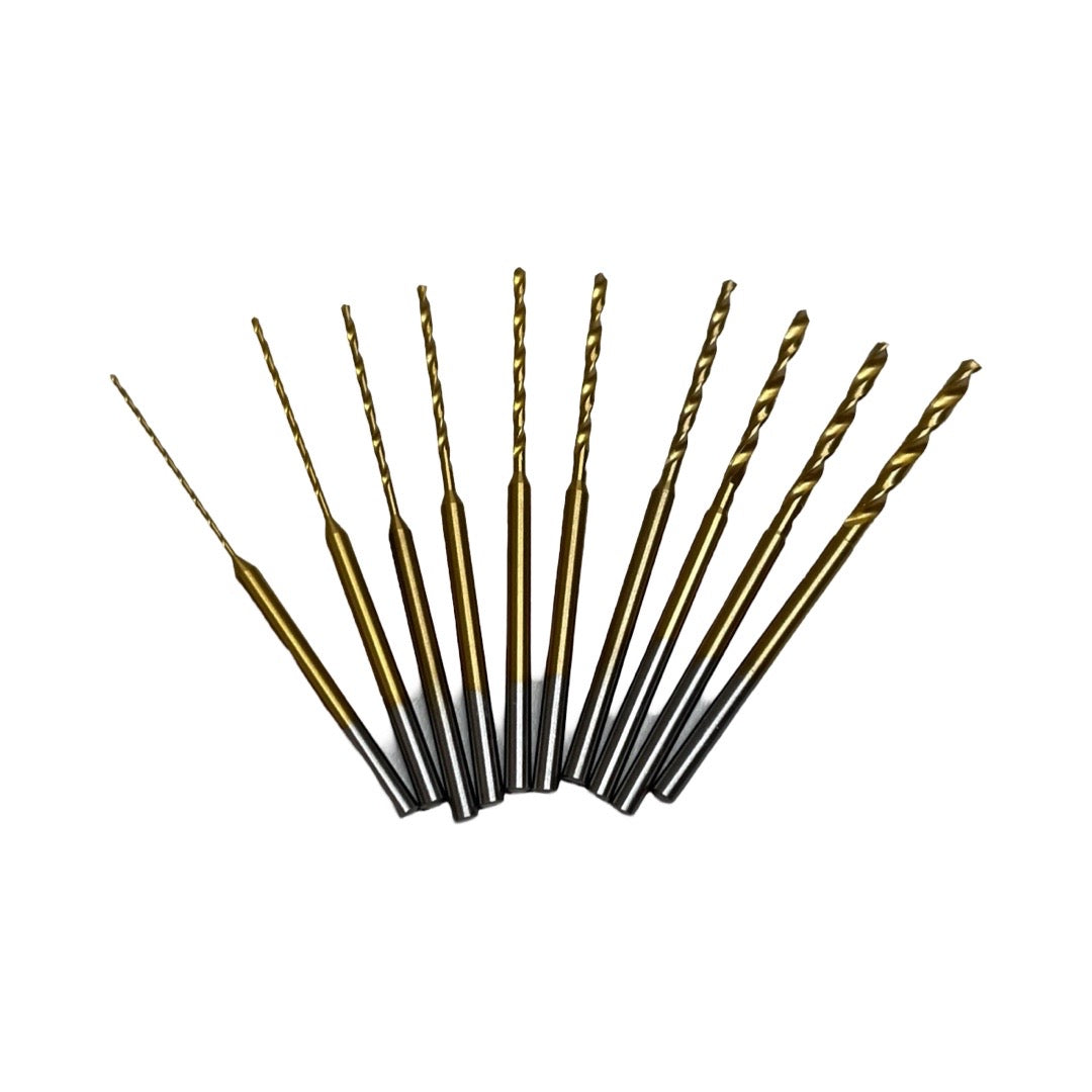 10 piece Gold Titanium-coated Metric drill bit set .6mm-2.2mm w 3/32" Shank