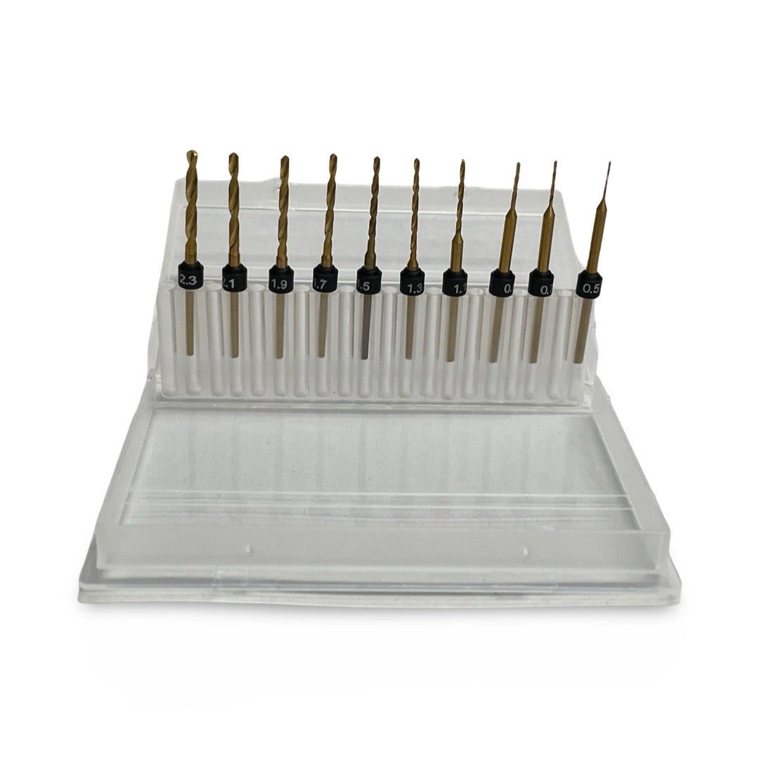 10 piece Gold Titanium-coated Metric drill bit set Indexed .6mm-2.2mm w 3/32" Shank - each bit individually marked