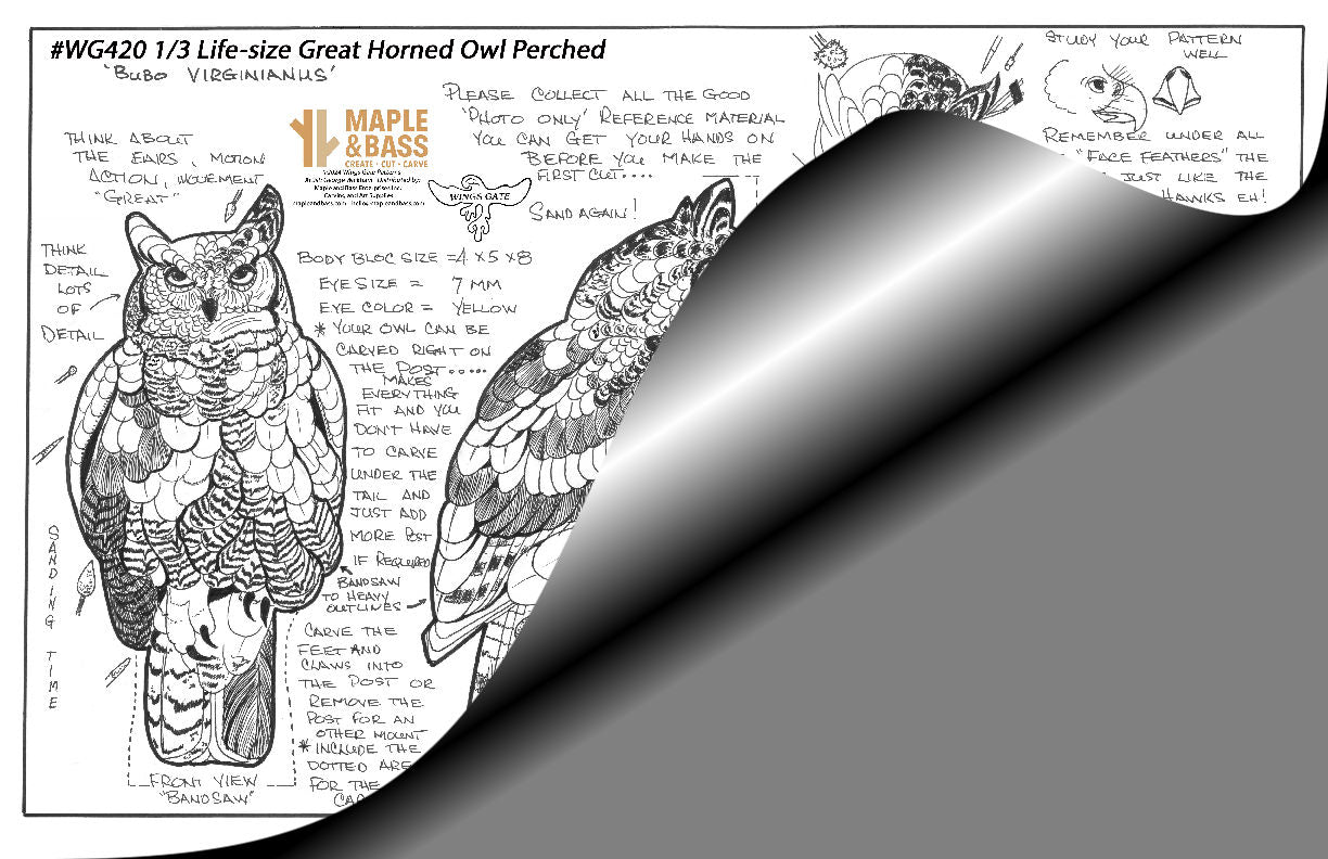 Owl, Great Horned, Perched 1/3 Life Size Wings Gate Pattern 11x17 #WG420